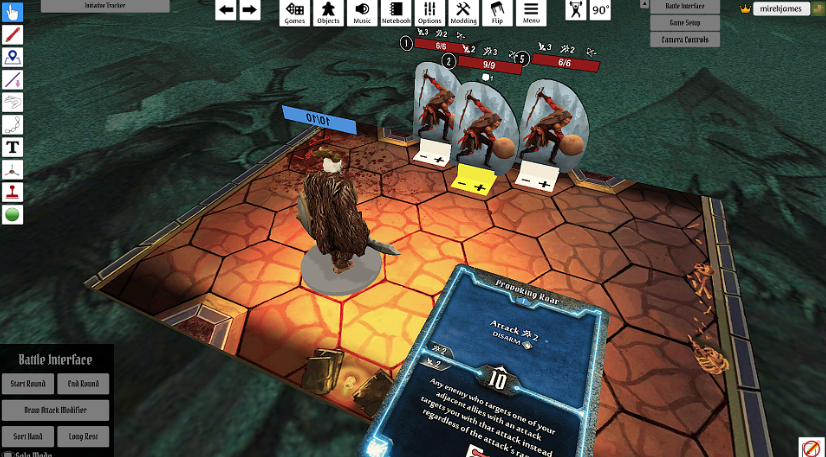 screenshot from the game Tabletop Simulator depicting a board with a hero miniature facing three enemy miniatures.